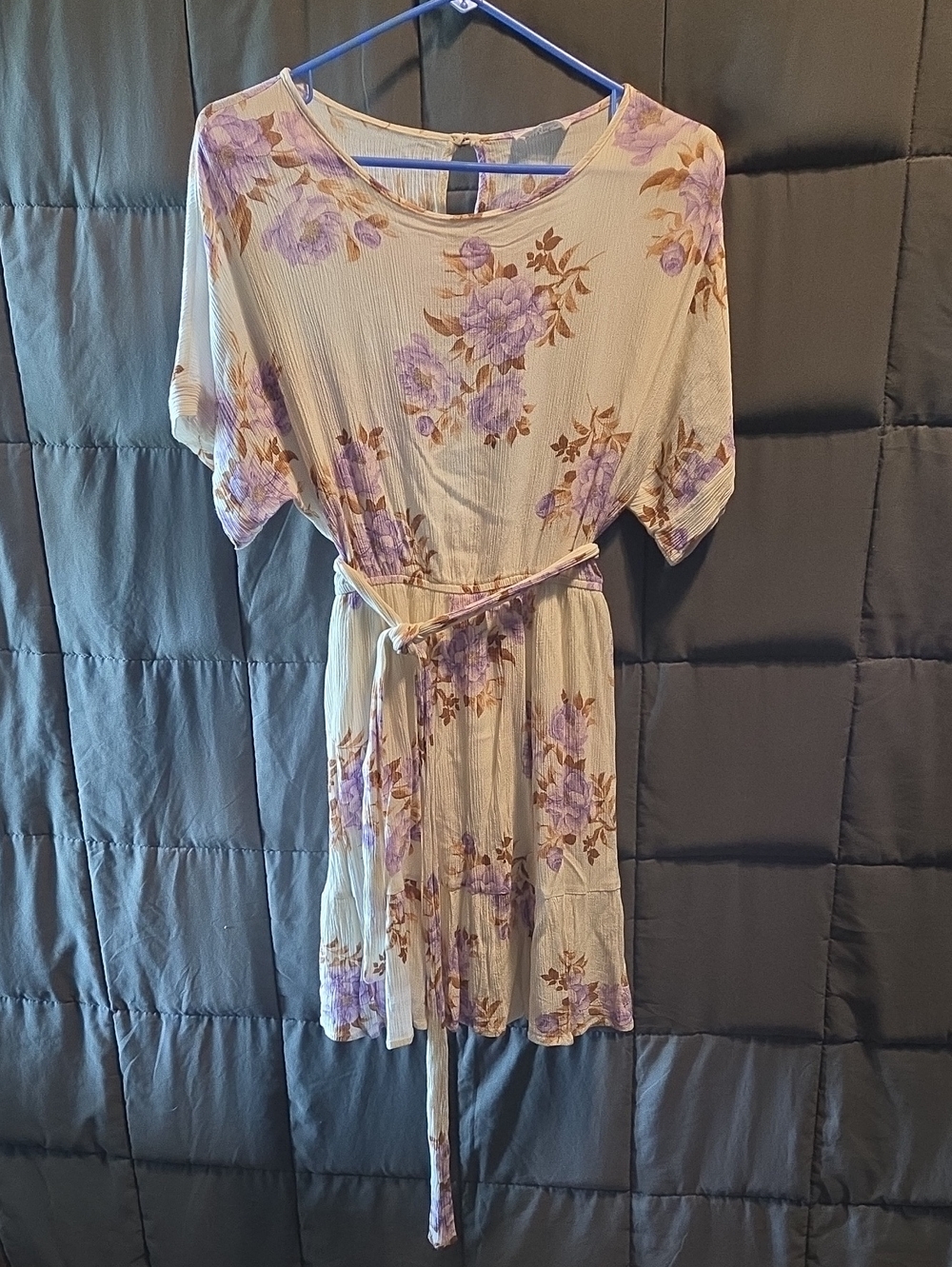 Cream Midi Dress with Lavender Floral Print and Waist Tie